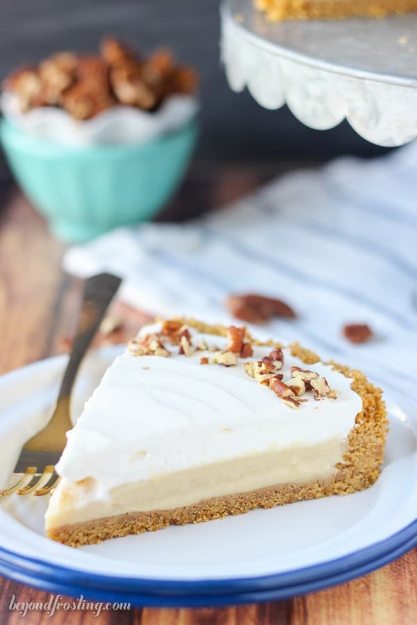 This No-Bake Bourbon Butterscotch Pudding Pie is a graham cracker crust, with a homemade butterscotch pudding spiked with bourbon and topped with a bourbon whipped cream.