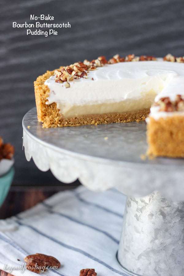 This No-Bake Bourbon Butterscotch Pudding Pie is a homemade brown sugar butterscotch pudding spiked with bourbon. Plus it’s topped with a bourbon whipped cream!