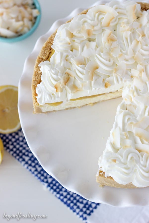 An overhead shot of a No-Bake Cheesecke on a white cake plate