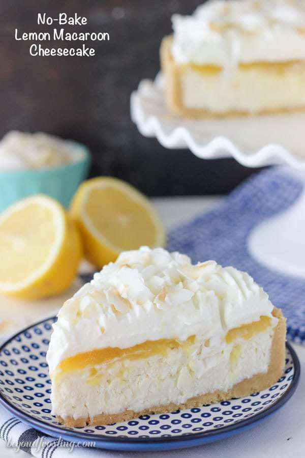 A slice of no-bake lemon and coconut cheesecake on a plate