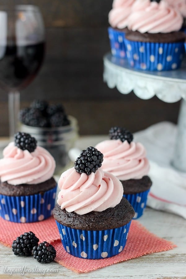 These easy Blackberry Cabernet cupcakes start with a doctored cake mix and some red wine. They are baked with fresh blackberries and topped with a luscious blackberry frosting.