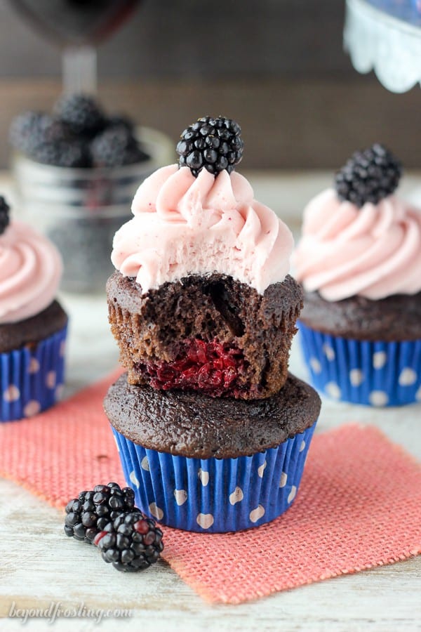 These easy Blackberry Cabernet cupcakes start with a doctored cake mix and some red wine. They are baked with fresh blackberries and topped with a luscious blackberry frosting.