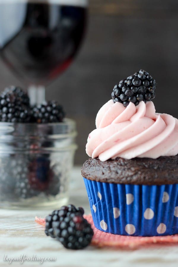 These easy Blackberry Cabernet cupcakes start with a doctored cake mix and some red wine. They are baked with fresh blackberries and topped with a luscious blackberry frosting.