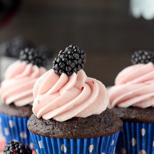 You're going to need more than one of the Blackberry Cabernet Cupcakes. These are a delicate chocolate cupcake spiked with cabernet and baked with fresh blackberries. It's topped with a silky blackberry frosting.