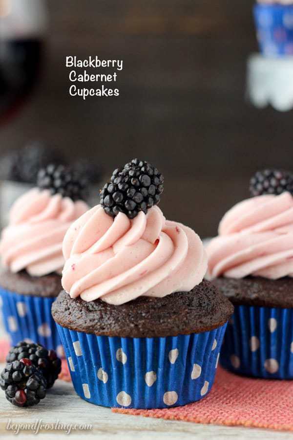 You're going to need more than one of the Blackberry Cabernet Cupcakes. These are a delicate chocolate cupcake spiked with cabernet and baked with fresh blackberries. It's topped with a silky blackberry frosting.