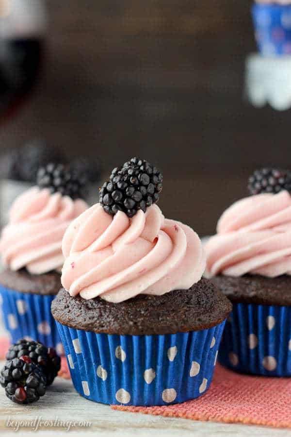 You're going to need more than one of the Blackberry Cabernet Cupcakes. These are a delicate chocolate cupcake spiked with cabernet and baked with fresh blackberries. It's topped with a silky blackberry frosting.