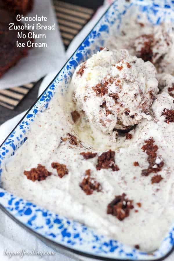 Homemade vanilla ice cream loaded with chocolate zucchini cake and chocolate shavings. Summer time treats just got a makeover. I am totally in love with this Chocolate Zucchini Bread No-Churn Ice Cream.