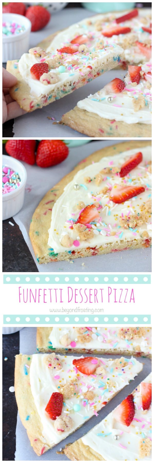 Dessert pizza is so easy! A thick sugar cookie pizza crust loaded with sprinkles. This Funfetti pizza is topped with a marshmallow buttercream, sprinkles and fruit. 