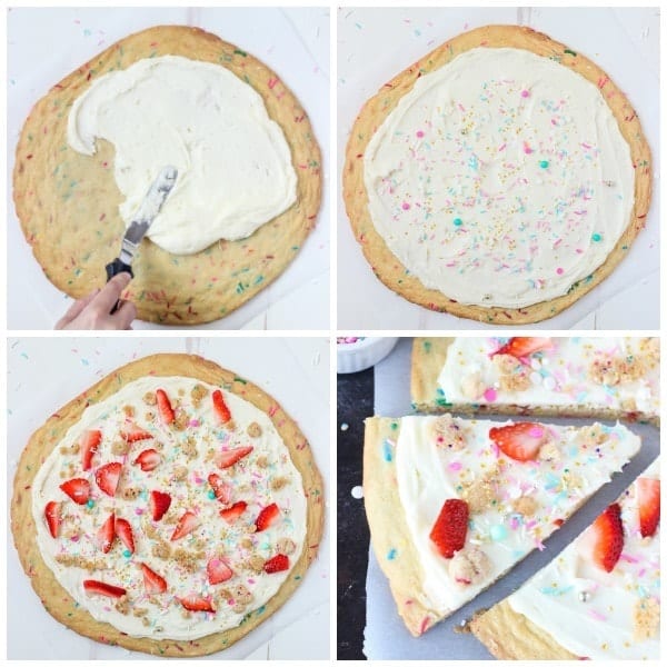 This Funfetti dessert pizza is a giant sprinkle cookie pizza with a marshmallow buttercream and topped with sprinkles and fruit.