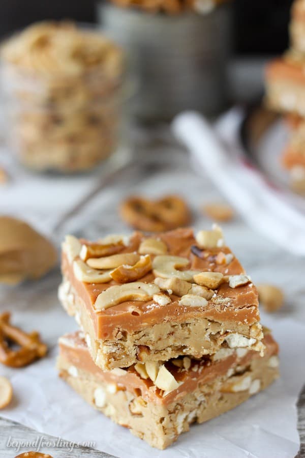 Salty meets sweet in these No-Bake Butterscotch Bars. Layers of peanut butter, pretzels, butterscotch ganache and salty cashews. These bars are a great snack!