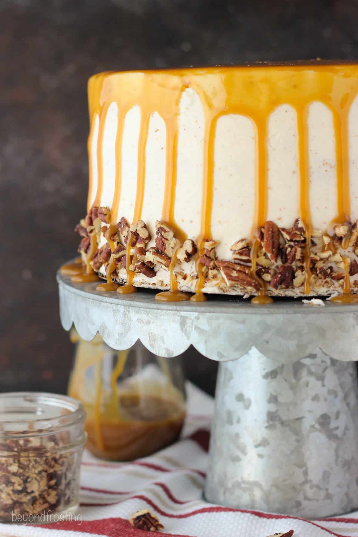 Salted Caramel Butterscotch cake on a cake stand