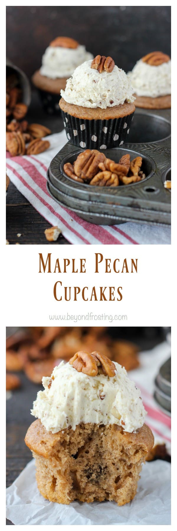 A collage of two images of maple pecan cupcakes with brown butter pecan frosting on top