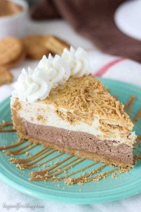 This peanut butter chocolate pie is amazing. Layers of chocolate mousse, and a Nutter Butter Cookies mousse on top all in a peanut butter cookie crust. This no-bake pie will have your taste buds asking for more.