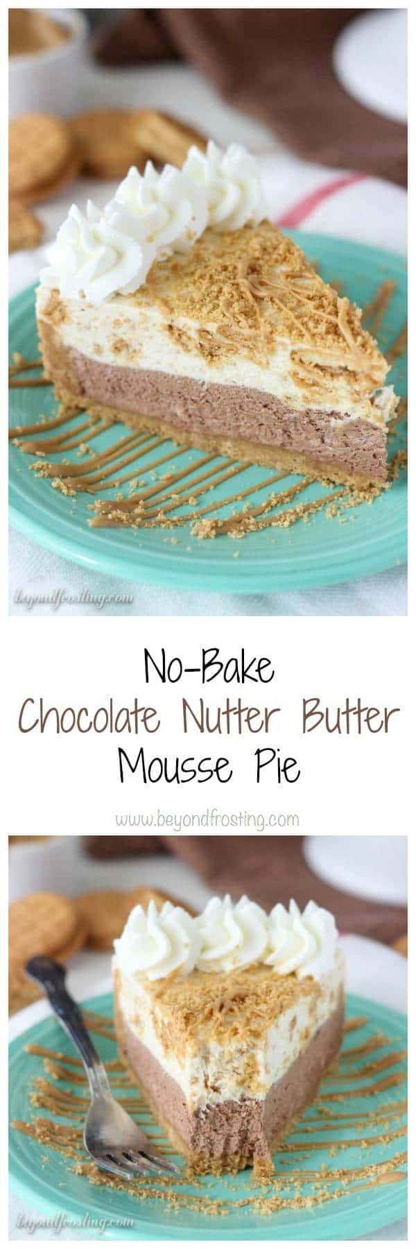 No- Bake Chocolate Peanut Butter Mousse Pie: a Nutter Butter cookie crust with a thick layer of chocolate mousse, a layer of peanut butter cookie mousse and topped with whipped cream and more peanut butter. Each layer is light and airy just like you would expect for a mousse.