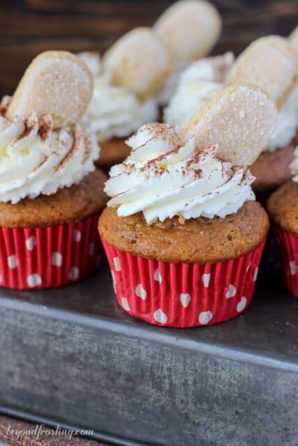 Pumpkin Tiramisu Cupcakes are a huge hit! These are pumpkin spice cupcakes, drizzled with espresso and bourbon and filled with a pumpkin mascarpone mousse. These are topped with a whipped mascarpone cream, cocoa powder and a ladyfinger.