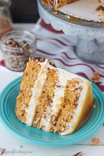 This Salted Caramel Butterscotch cake is a rich butterscotch cake filled with toasted pecans and covered with a brown butter frosting and salted caramel drizzle.