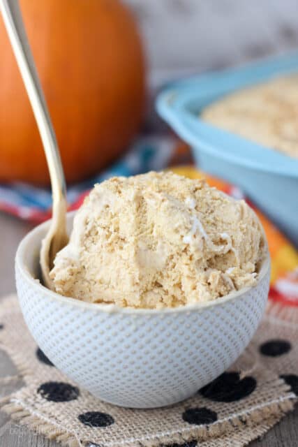 A small white bowl with scoops of pumpkin spice ice cream