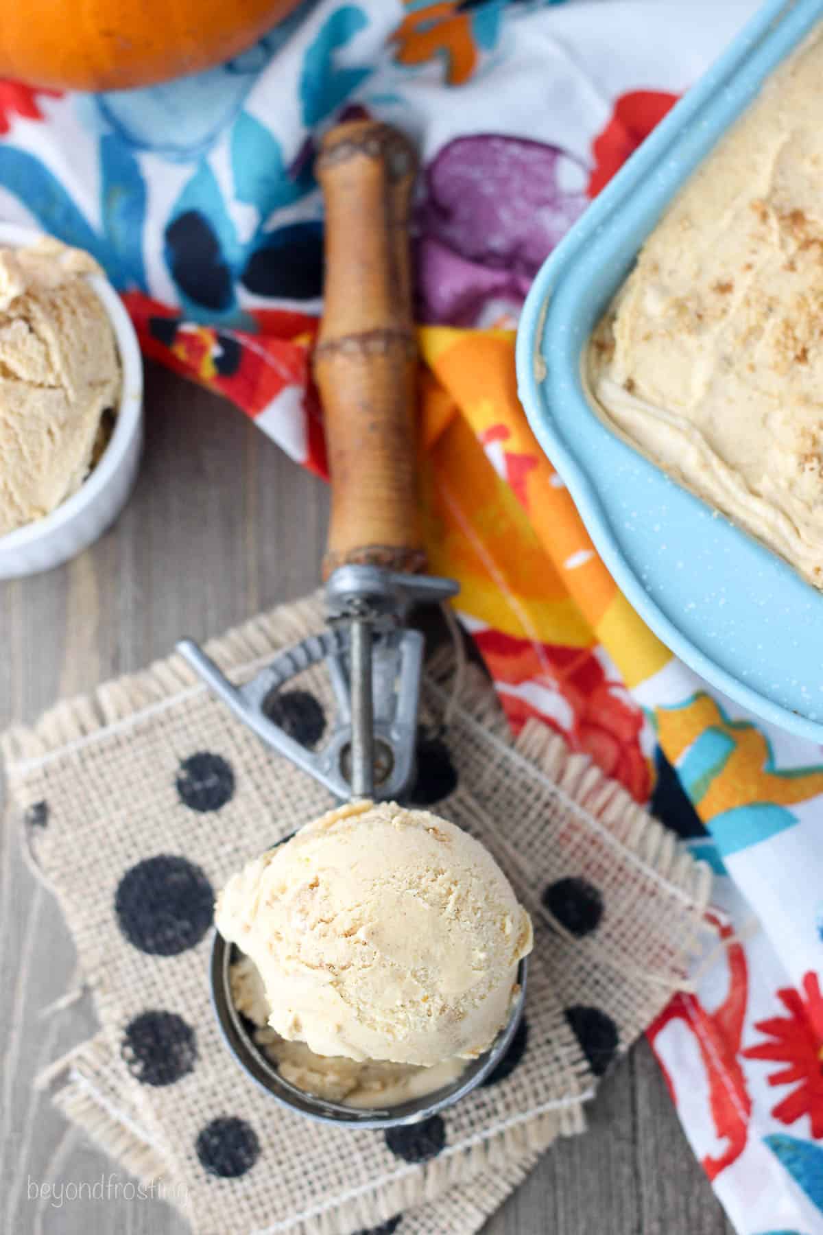 Pumpkin ice cream in an ice cream scoop
