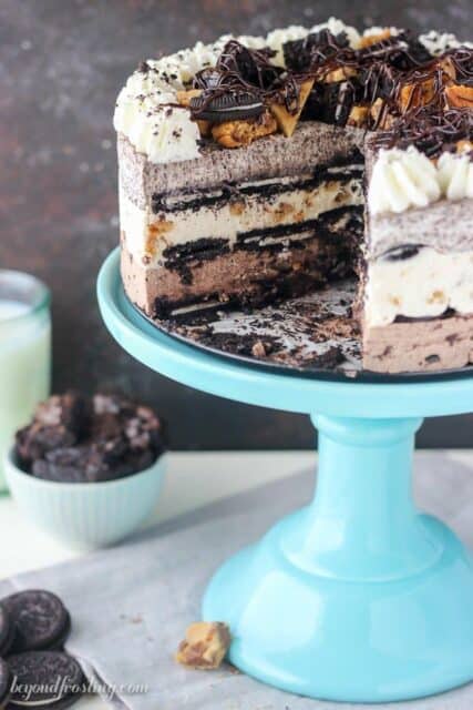 No-Bake Brookie Icebox Cake on a cake stand