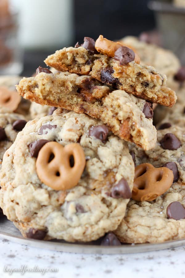 You can’t go wrong with an Oatmeal Salted Caramel Pretzel Cookie. There’s a ribbon of caramel, chopped pretzels, chocolate chips and a salted caramel coated pretzel on top. Salty meets sweet in the best way possible.