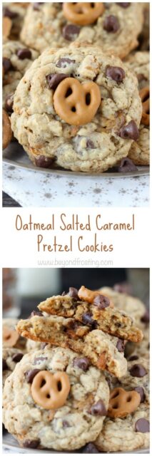 These chunky Oatmeal Salted Caramel Pretzel Cookies are filled with chopped pretzels, chocolate chips, a ribbon of salted caramel and caramel covered pretzels on top.