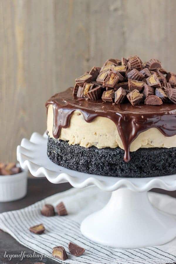 This decadent layered Peanut Butter Cup Ice Cream Cake is a homemade chocolate cake layered with a no-churn peanut butter ice cream and it’s covered with chocolate ganache. This cake is a peanut butter lover’s dream.