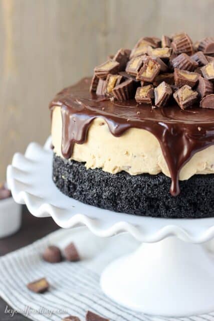 You’ll absolutely want a giant slice of this Peanut Butter Cup Ice Cream Cake . This is a homemade chocolate cake layered with a no-churn peanut butter ice cream and it’s covered with chocolate ganache and peanut butter cups. This cake is a peanut butter lover’s dream. This recipe is from the book Simply Beautiful Homemade Cakes.