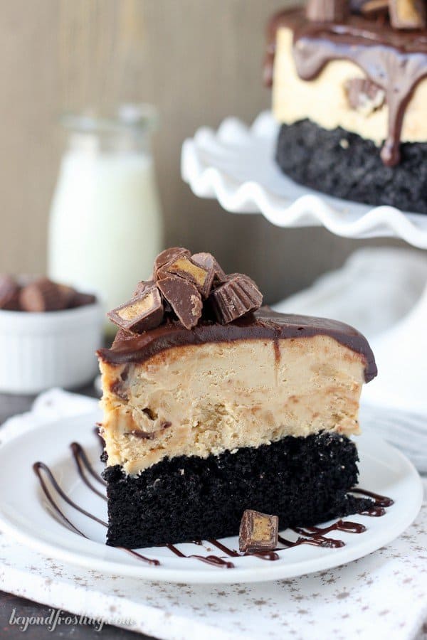 Grab your stretchy pants for this Peanut Butter Cup Ice Cream Cake. A thick layer of homemade chocolate cake topped with a no-churn peanut butter cup ice cream and chocolate ganache.