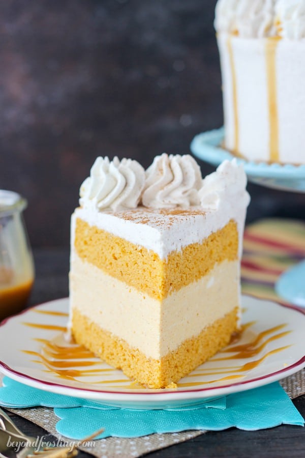 Cake and ice cream never looked so good. This Pumpkin Ice Cream Cake is a double layer pumpkin cake with a no-churn pumpkin ice cream. This cake is topped with a cinnamon maple whipped cream.