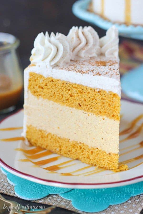 This is one easy ice cream cake! This Pumpkin Ice Cream Cake is a double layer pumpkin cake with a no-churn pumpkin ice cream. This cake is topped with a cinnamon maple whipped cream.