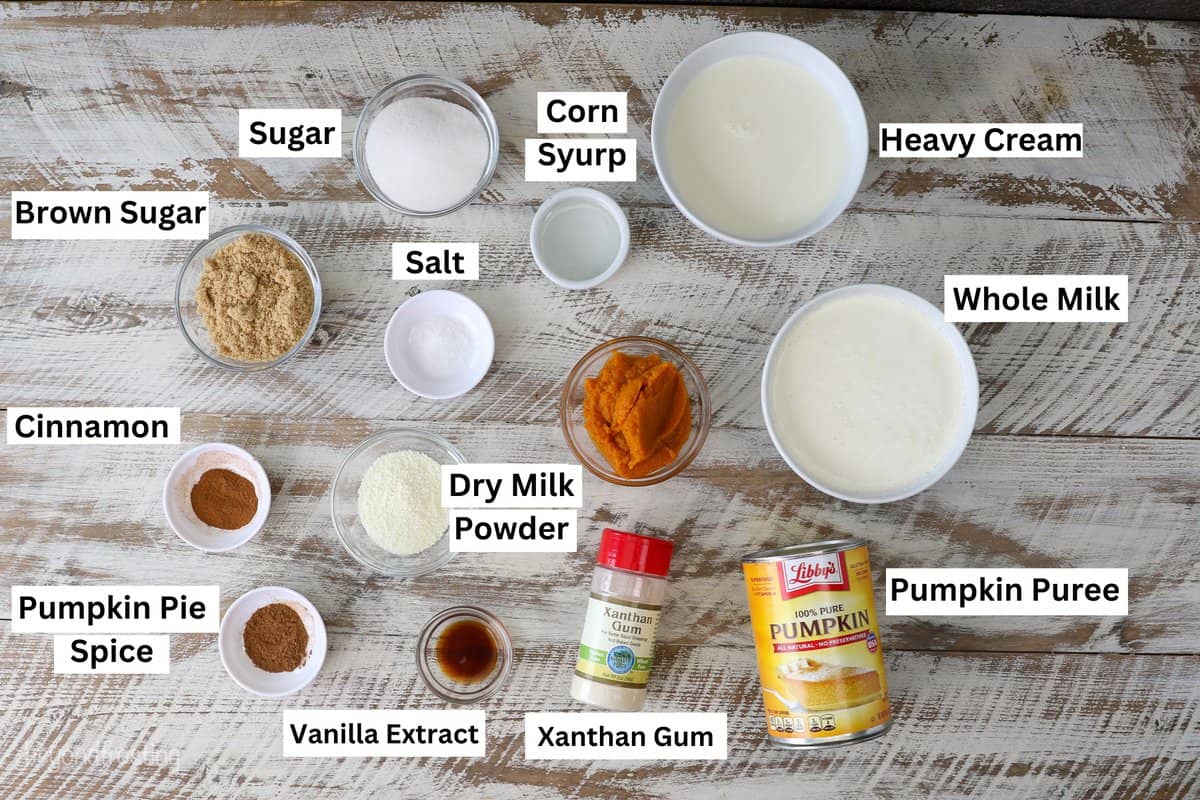 Pumpkin pie ice cream ingredients with text labels overlaying each ingredient.