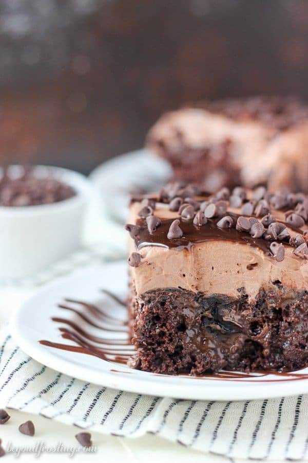 A Piece of Sinful Triple Chocolate Poke Cake on a Plate From the Side