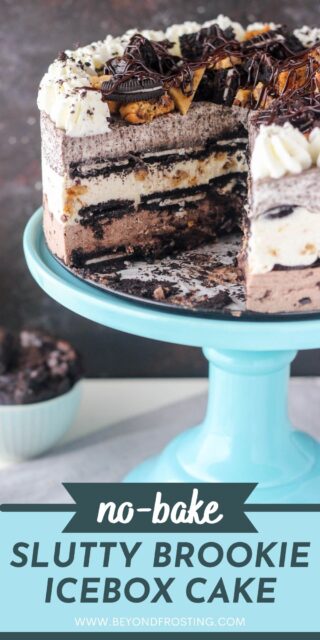 Pinterest graphic with an image of a slutty brookie icebox cake on a cake stand