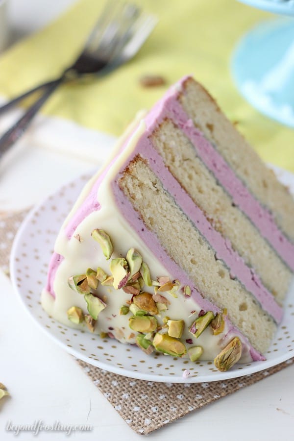You’ll absolutely love this Blueberry Pistachio Layer Cake. Three layers of homemade white cake with a fresh blueberry frosting, a white chocolate ganache and salted pistachios.