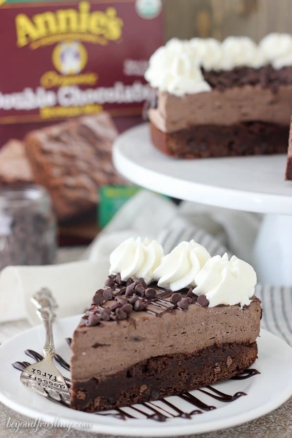 This Brownie Bottom Chocolate Mousse Cake is fudgy brownie is topped with a rich dark chocolate cream cheese mousse. This is the perfect dessert for your favorite chocolate lover.