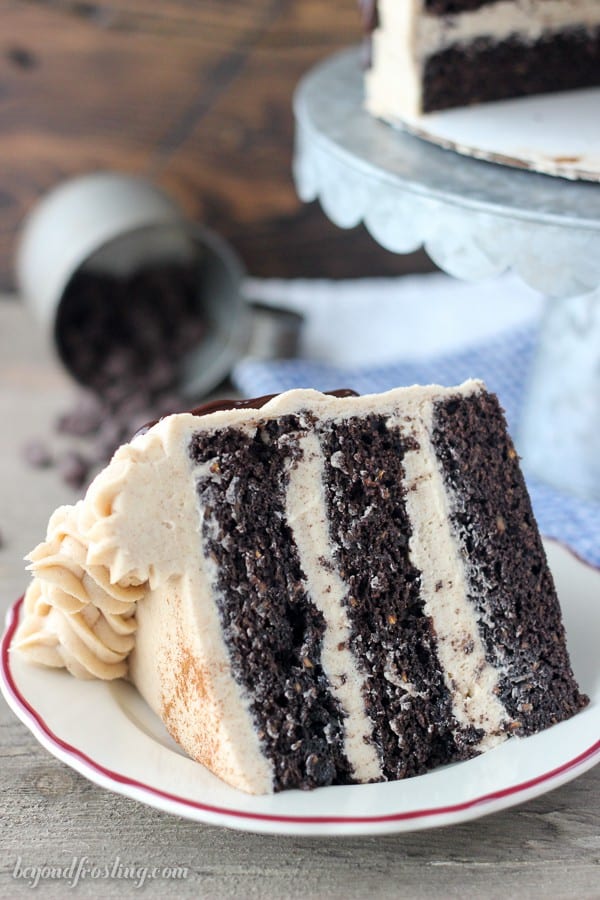 Sliced of frosted cake on a plate.