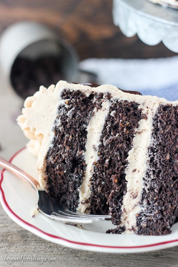 Fork taking a piece out of a slice of chocolate cake.