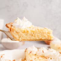 Side view of a slice of coconut custard pie being lifted from the rest of the pie below.