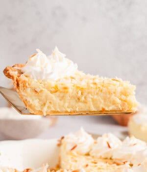 Side view of a slice of coconut custard pie being lifted from the rest of the pie below.