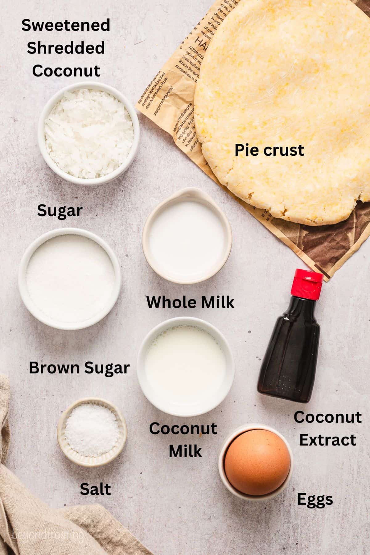 Coconut custard pie ingredients with text labels overlaying each ingredient.