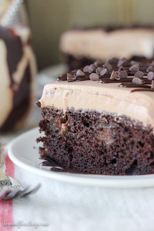 This Mudslide Poke Cake is a dark chocolate cake soaked in a spiked chocolate ganache, Kahlua Chocolate Pudding and a spiked chocolate mousse on top. You’re favorite mudslide cocktail just got even better.