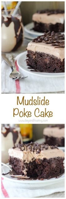 This Mudslide Poke Cake is a dark chocolate cake soaked in a spiked chocolate ganache, Kahlua Chocolate Pudding and a spiked chocolate mousse on top. There’s plenty of chocolate and booze to go around.