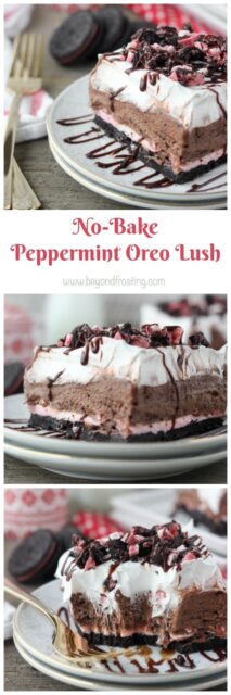 three pictures of peppermint Oreo lush titled "No-Bake Peppermint Oreo Lush"