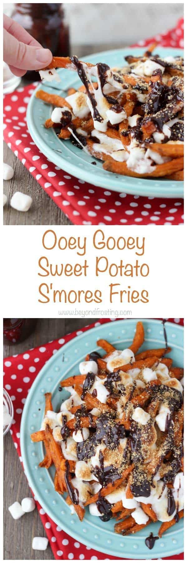 Ooey Gooey Sweet Potato S’mores Fries. Layers of crispy sweet potato fries & melted marshmallow drizzled with chocolate and crushed graham crackers. This sweet potato dessert is perfect for your next party!