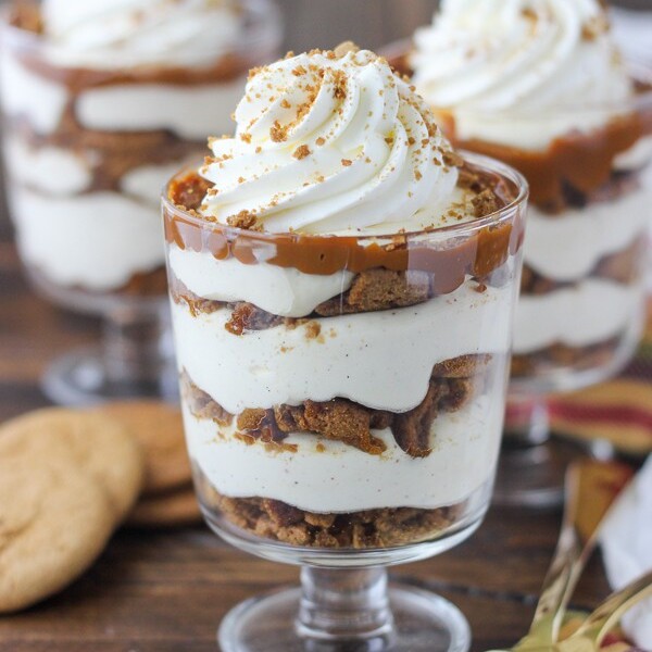 Layers of fluffy no-bake eggnog cheesecake layered with gingersnap cookies and dulce de leche. I love a good no-bake dessert.