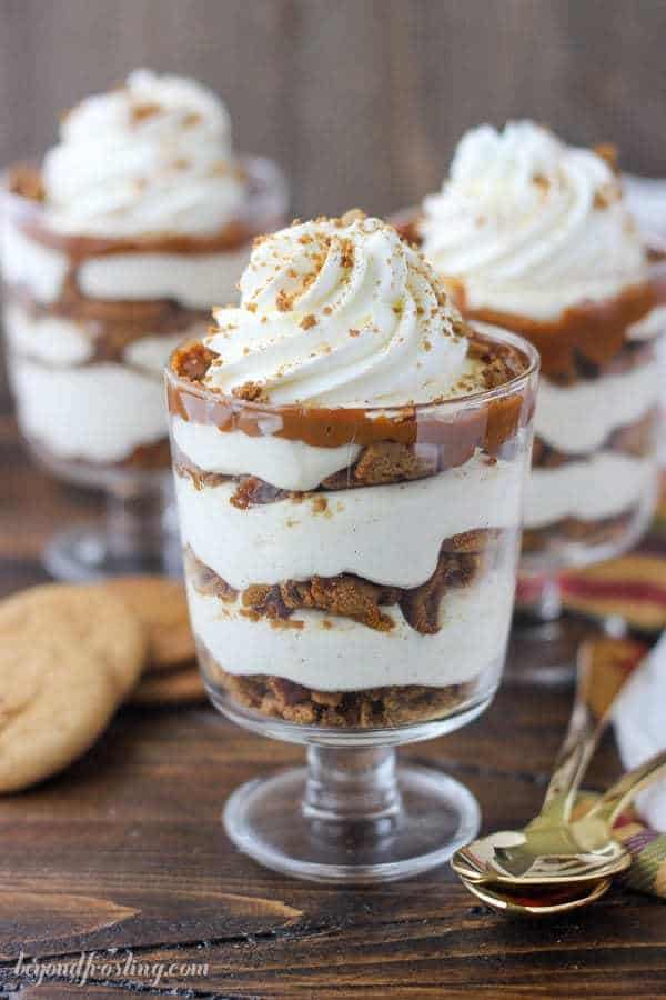 Layers of fluffy no-bake eggnog cheesecake layered with gingersnap cookies and dulce de leche. I love a good no-bake dessert.