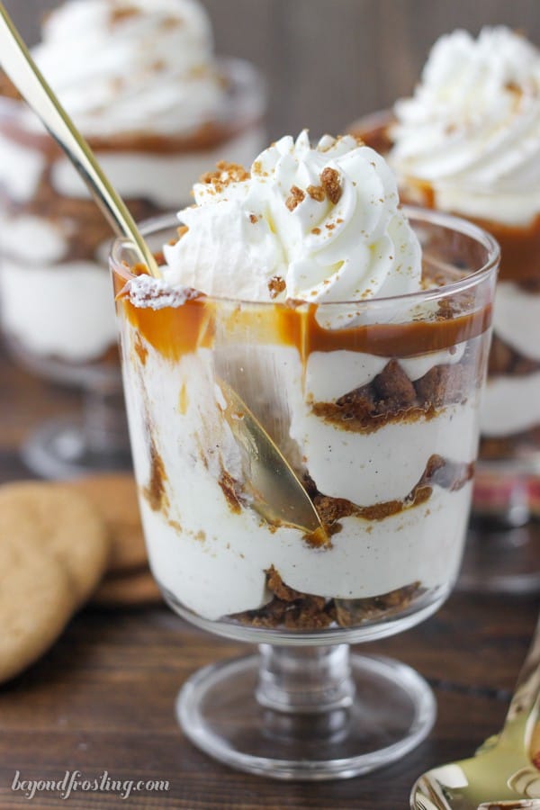 Fluffy no-bake eggnog cheesecake layered with gingersnap cookies and dulce de leche. These parfaits make for great party food!