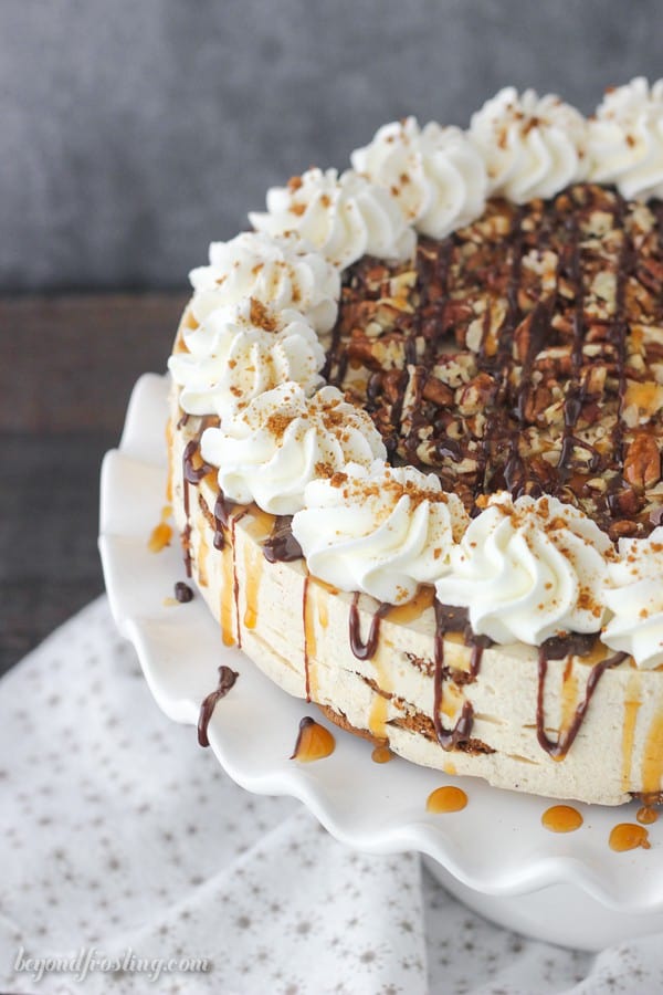 You can’t go wrong with this No-Bake Gingersnap Icebox Cake. Layers of gingersnap cookies and a molasses mousse. This dessert is topped off with plenty of caramel, hot fudge and pecans.