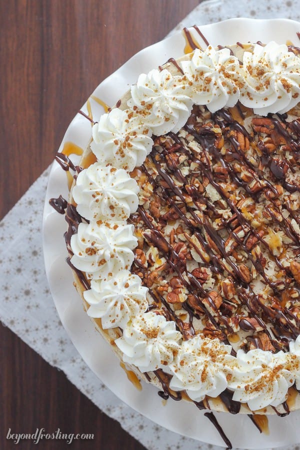 You can’t go wrong with this No-Bake Gingersnap Icebox Cake. Layers of gingersnap cookies and a molasses mousse. This dessert is topped off with plenty of caramel, hot fudge and pecans.