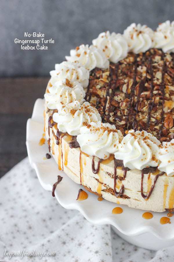 You can’t go wrong with this No-Bake Gingersnap Icebox Cake. Layers of gingersnap cookies and a molasses mousse. This dessert is topped off with plenty of caramel, hot fudge and pecans.